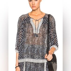 Ulla Johnson Size 10 • Aix Blue Black Silk Long Sleeve Sheer Blouse Top.